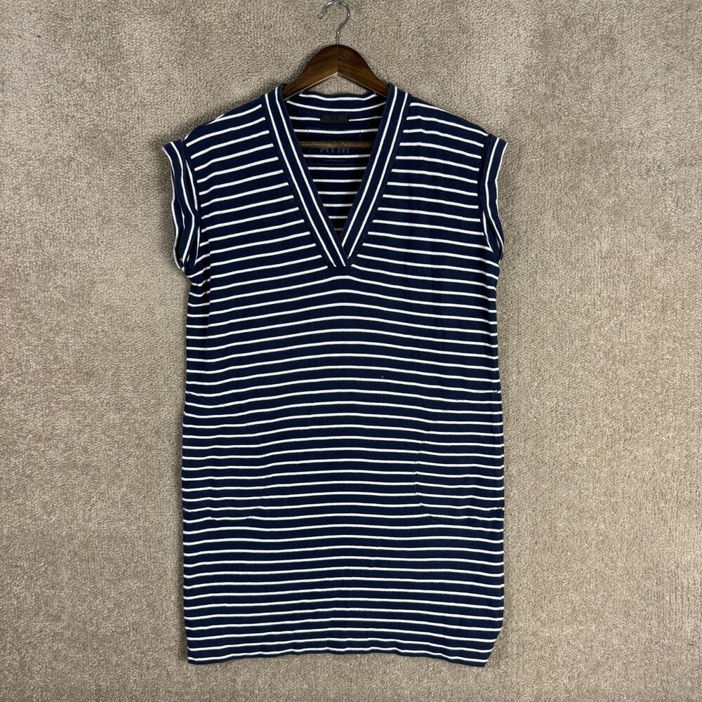 ATM Dress Womens Small Navy White Striped V‎ Neck Pima Cotton Cap Sleeve Pockets